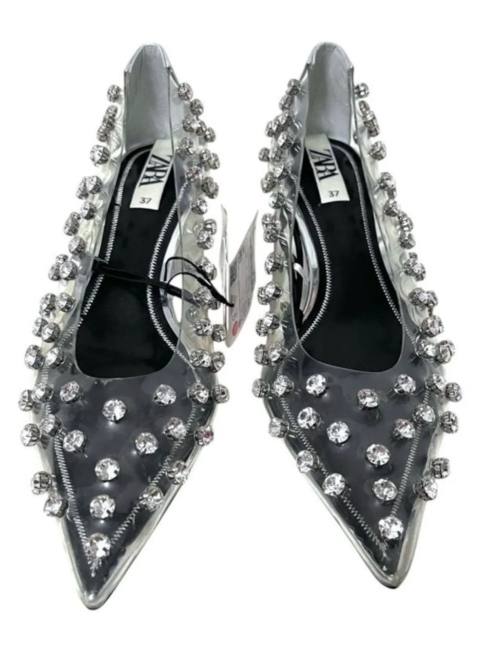 NWT ZARA Clear Vinyl Rhinestone Embellishments Pointed Toe Kitten Heels 37